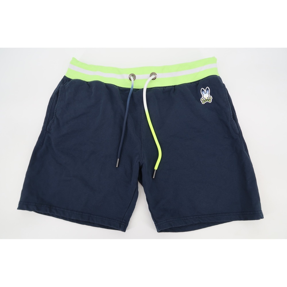 Psycho Bunny Sweat Shorts Mens Large Navy Neon Green Striped Waistband Logo